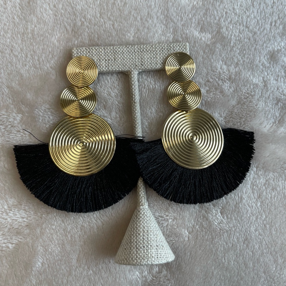 Gold and Black Statement Fringe Drop‎ Earrings - Women Jewelry